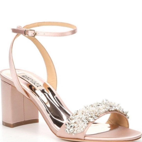 BADGLEY MISCHKA Sz 8 Clara Embellished Pearls Block Heel Ankle  Straps Sandals - Picture 1 of 16